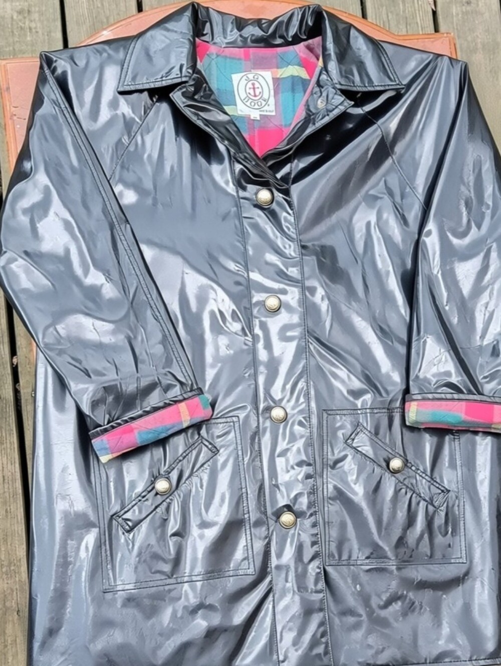 Vintage JG Hook Black Vinyl Raincoat Plaid Flannel Lined Trench Slicker M
